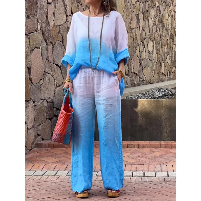 Женский летний градиентный свободный костюм, офисный костюм, удобный свободный круглый вырез, длинный рукав + длинные брюки, комплект из двух предметов