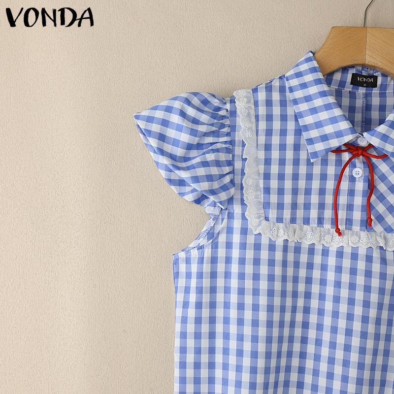 VONDA Summer Women Lapel Neck Sleeveless Plaid Print Casual Loose Dress Sundress