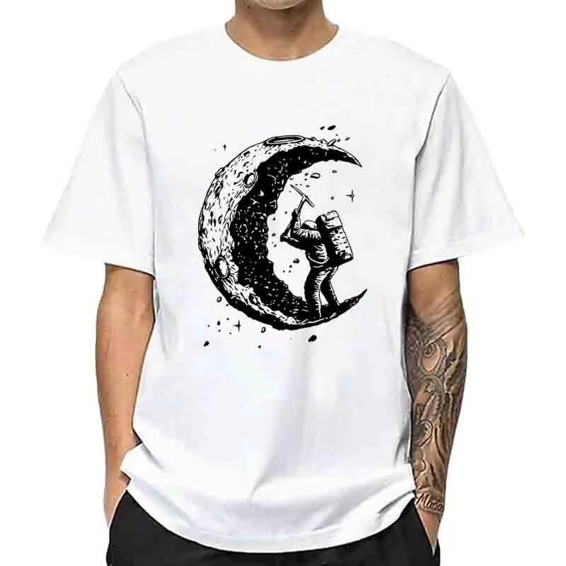 Summer Men's High-quality 100% Cotton Moon Astronaut Print Casual Round Neck Short Sleeved Loose and Soft Street T-shirt