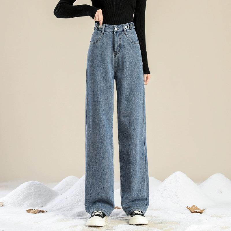 Women's Winter Retro High-Waist Wide-Leg Plush Jeans: Light-Toned, Thick, Loose, and Slimming.