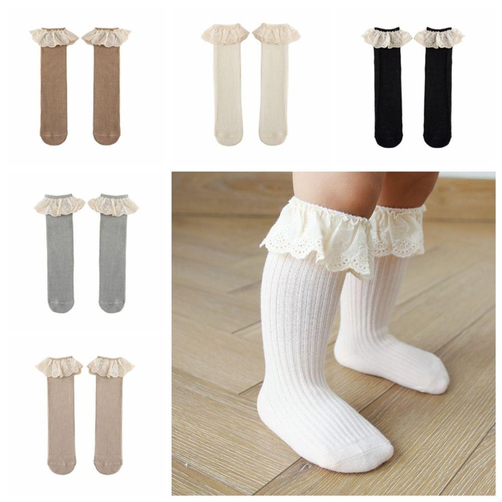 5Pairs Lace Trim Infant Cotton Stockings Ruffled Edge Cartoon Above Knee Socks  Kids