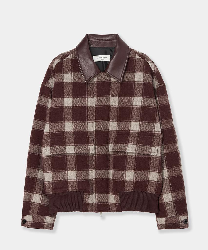 Afterpray Leather Collar Check Wool Blouson Burgundy