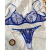 Сексуальная Мода Французская Перспектива Вышивка Синий Бюстгальтер Трусики Женский Чистый Желание Ветер Сетка Соблазн Комплект Нижнего Белья