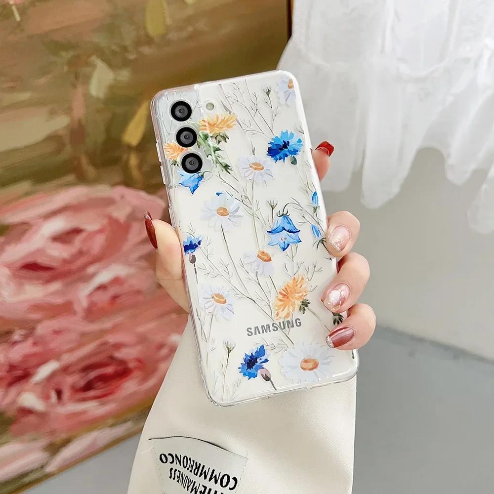 Милый Чехол для Телефона с Рисунком Цветов для Samsung S25 S24 S22 S21 FE Ультра Прозрачные Силиконовые Чехлы для Samsung Galaxy S23 Plus Ultra