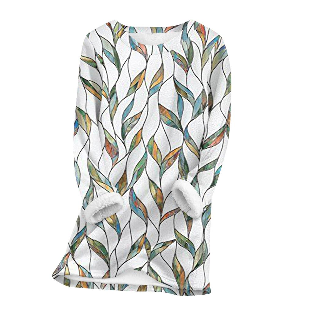 Женский топ с круглым вырезом и принтом из утолщенного плюша и кашемира, теплый длинный топ