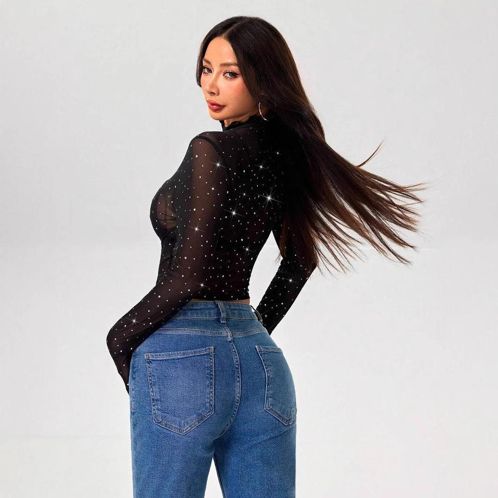 2025 Spring/Summer Women's Stand-Up Collar Sequin Mesh T-Shirt