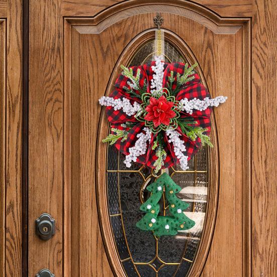Christmas Wreath Decoration Red Artificial Poinsettias Buffalo Plaid Wreath With Star/Tree Ornament