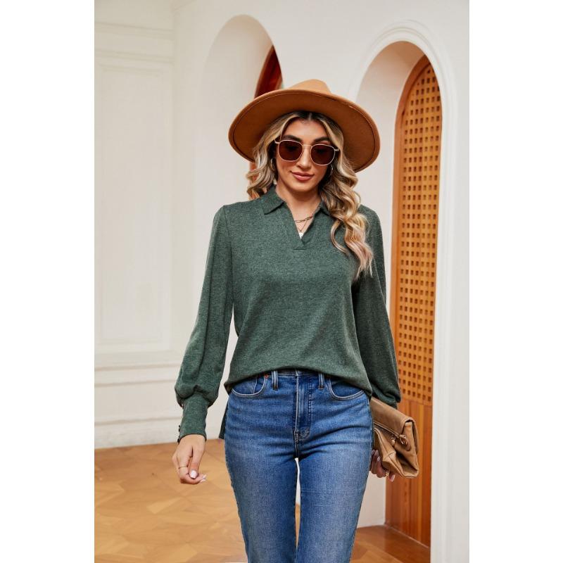 Spring and Autumn Women's Blouse Lapel Long Sleeve Button Loose Milled Long Sleeve Top