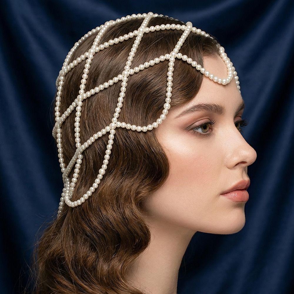 Pearls Weave Pearl Hat Chain Hand-Made Bridal Head Ornament Mesh Hair Accessories  Bridal Party