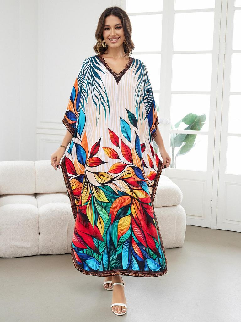 European-American Cotton Print Loose Plus Size Long Dress Beach Cover-Up Robe Style