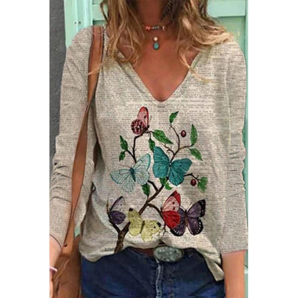 Футболка с длинными рукавами и V-образным вырезом, выполненная с цифровой печатью, для женщин, красивая и очаровательная, становится лидером в индустрии моды.
