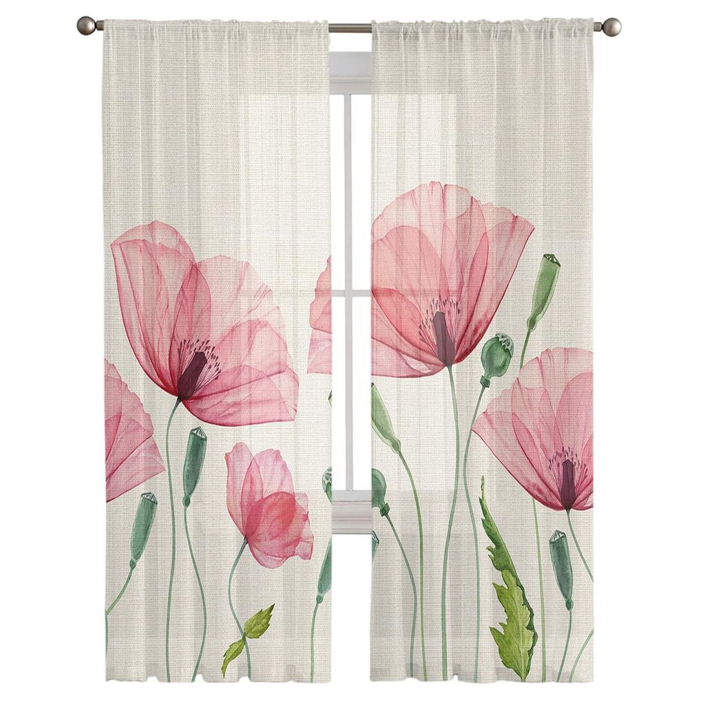 Тюлевые занавески на окно с цветком мака и растением для гостиной, спальни, отеля, роскошное украшение, прозрачное