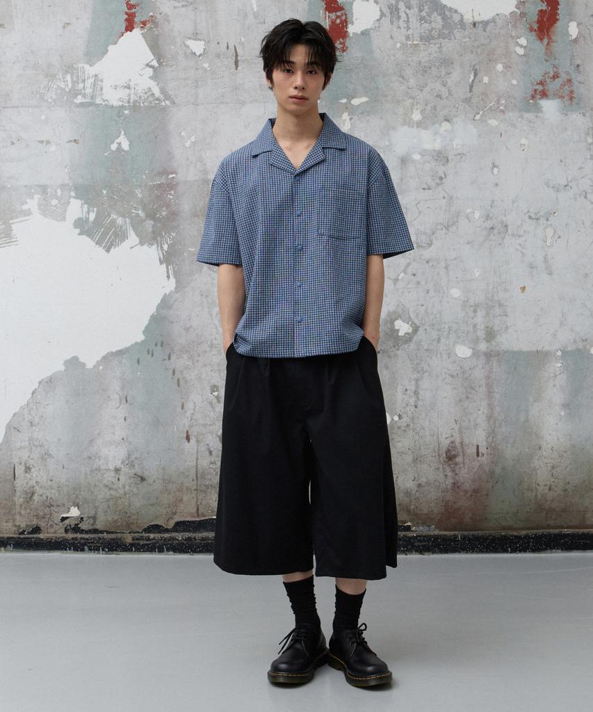 AGOD Open Collar Check Half Shirt [Navy]
