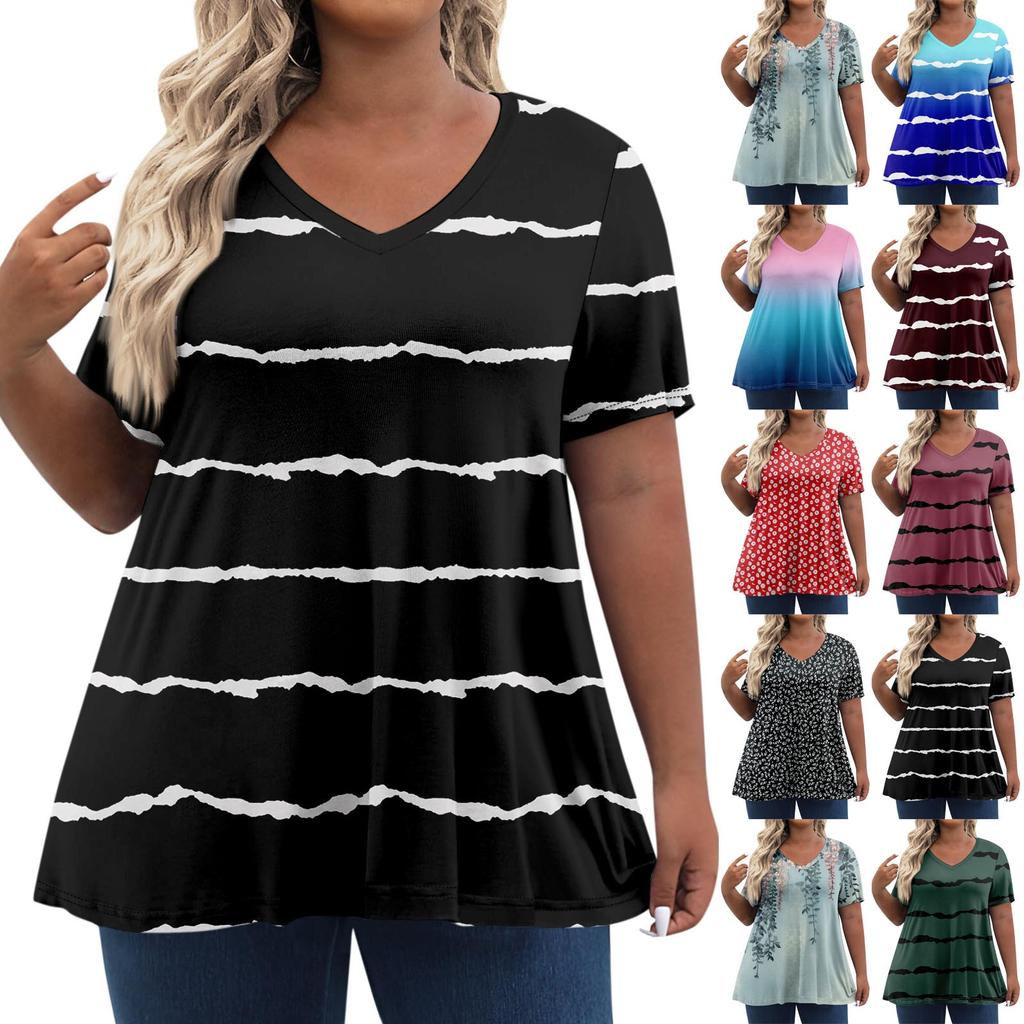 Womens Plus Size Tops Shorts Sleeve Shirts V Neck Casual Clothing Clothes Printed Tops