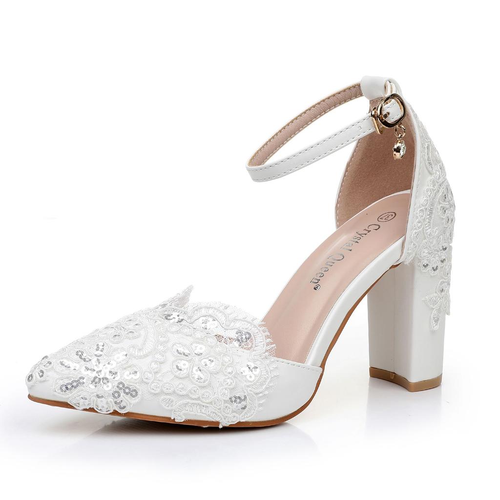 Women Flower Sandals Pointed Toe Pumps Dress Party Square High Heels White Lace Sequin Weding Shoes