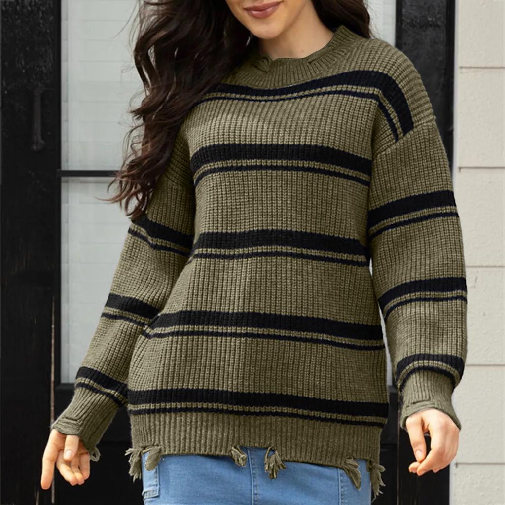 Женский модный свободный зимний вязаный свитер контрастной расцветки в полоску с кисточками