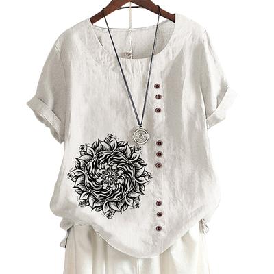 Женский повседневный хлопковый топ с 7 уникальными принтами, круглым вырезом, короткими рукавами и пуговицами