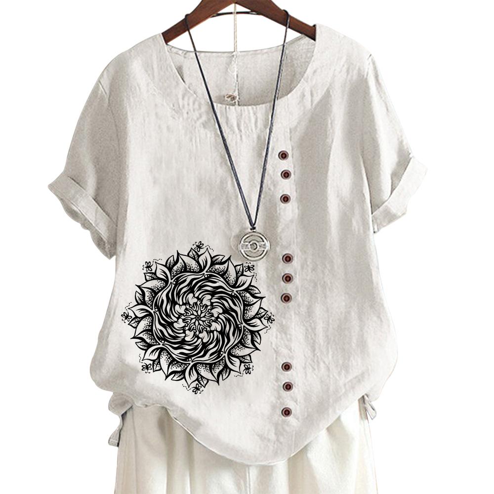 Women's Cotton Casual Top with 7 Unique Print Patterns, Round Neck, Short Sleeves, Button Embellishments