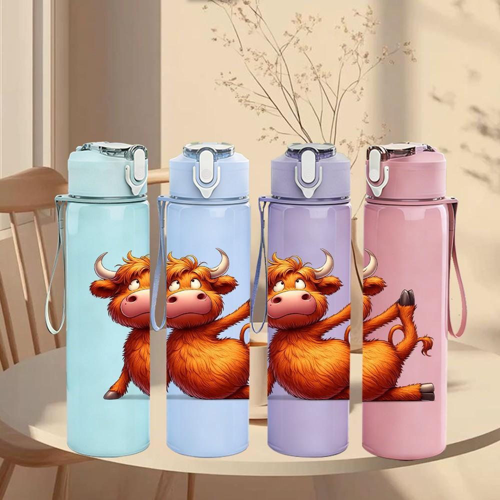 1PC Funny Bull Cow Cartoon Animal Print 750ml Color Plastic Sports Water Bottle Leakproof Flip Straw Lid Suitable for Sports Office Home Use