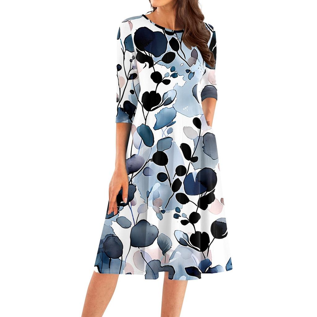 Women's Casual Fashion Round Neck Three Quarter Sleeve Print Midi Dress