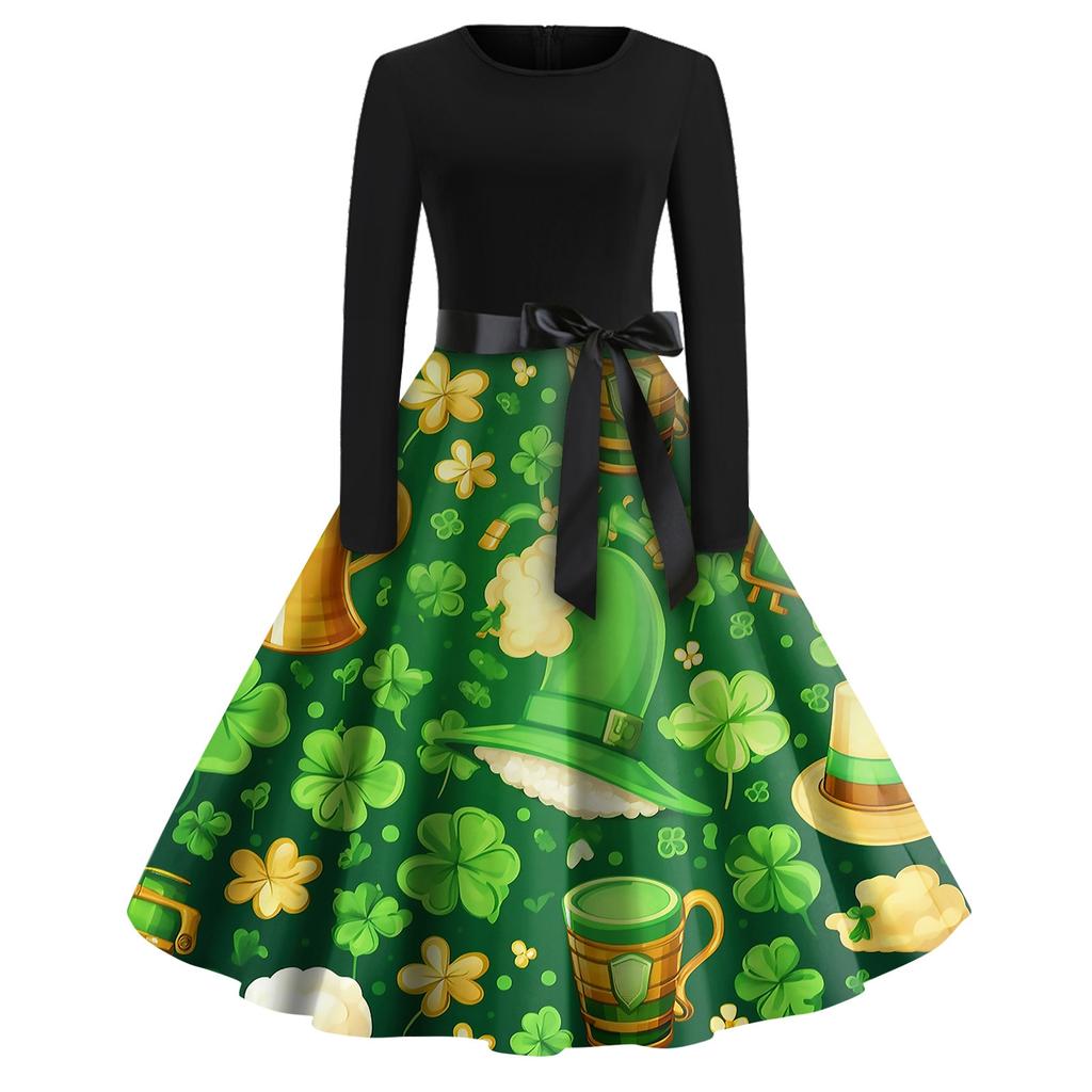Women's Fashion Round Neck Casual Slim St Patrick's Day Printed Long Sleeve Dresses