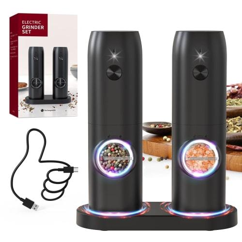 CIRCLE JOY Rechargeable Pepper Grinder Set, Automatic Pepper Mill Set with Charging Base, White LED Light, Adjustable Coarseness, 70ml Container, Easy