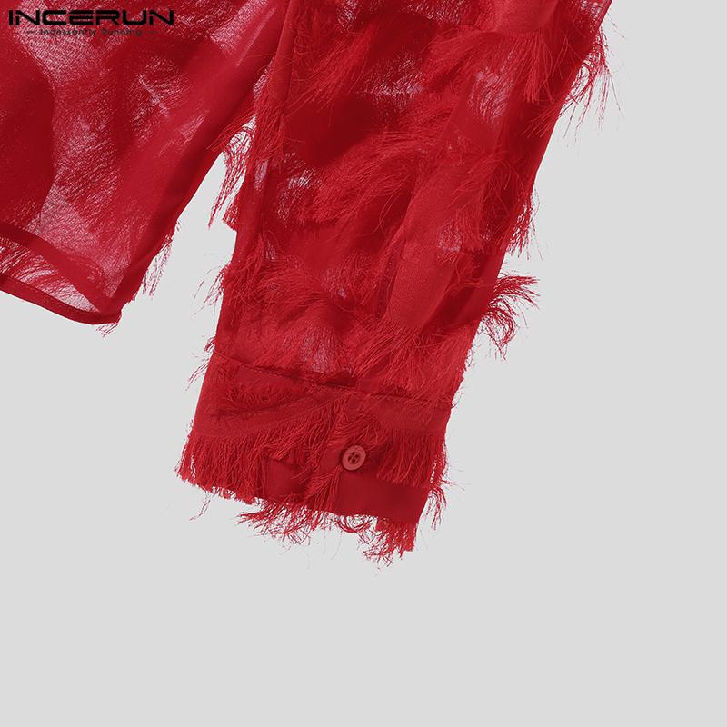 INCERUN Мужские рубашки с длинным рукавом на пуговицах и прозрачными кисточками, топы для вечеринок