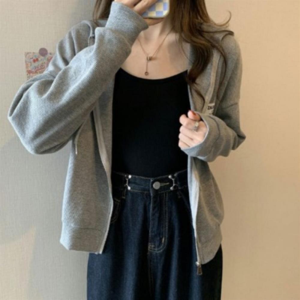 New Arrivals Open Run Women Loose Fit Hooded Zip Up Patch Design Waffle