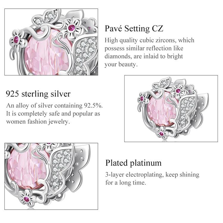 BAMOER Стерлингового Серебра 925 Пробы Красивая Бабочка Розовый Циркон Бусины Подвески Подходит Серебряный Браслет Изящные Ювелирные Изделия Подарок На Вечеринку