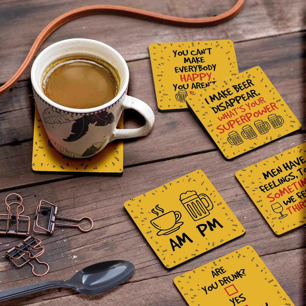 Inkdotpot Set of 6 Drink Coasters Easy Clean 4 inch Square Coasters Cork Base- Reusable- Funny Bachelor