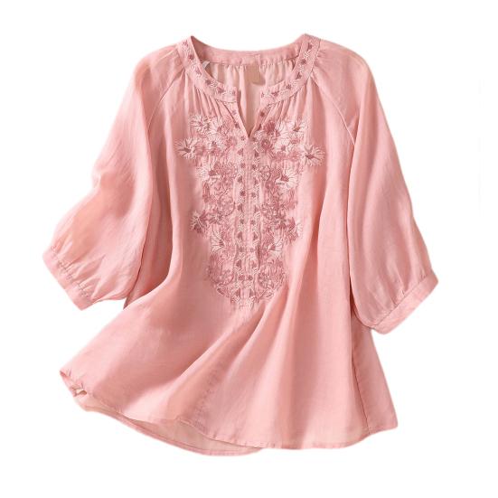 Summer Women Shirt V Neck Flower Embroidery Three Quarter Sleeves Loose Solid Color Retro Mother Mid-aged Female Daily Casual Blouse