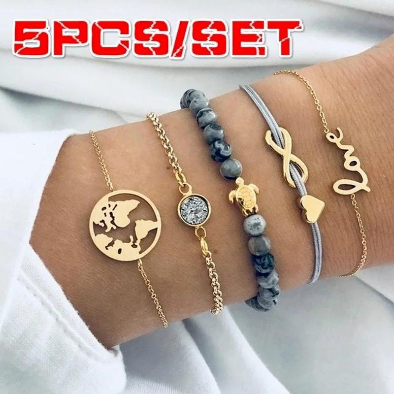 5Pcs/Set Bohemia Handmade Turtle Letter Infinity Love Map Bracelet Set Women Bracelets Set for Women White Rope Chain Bracelet