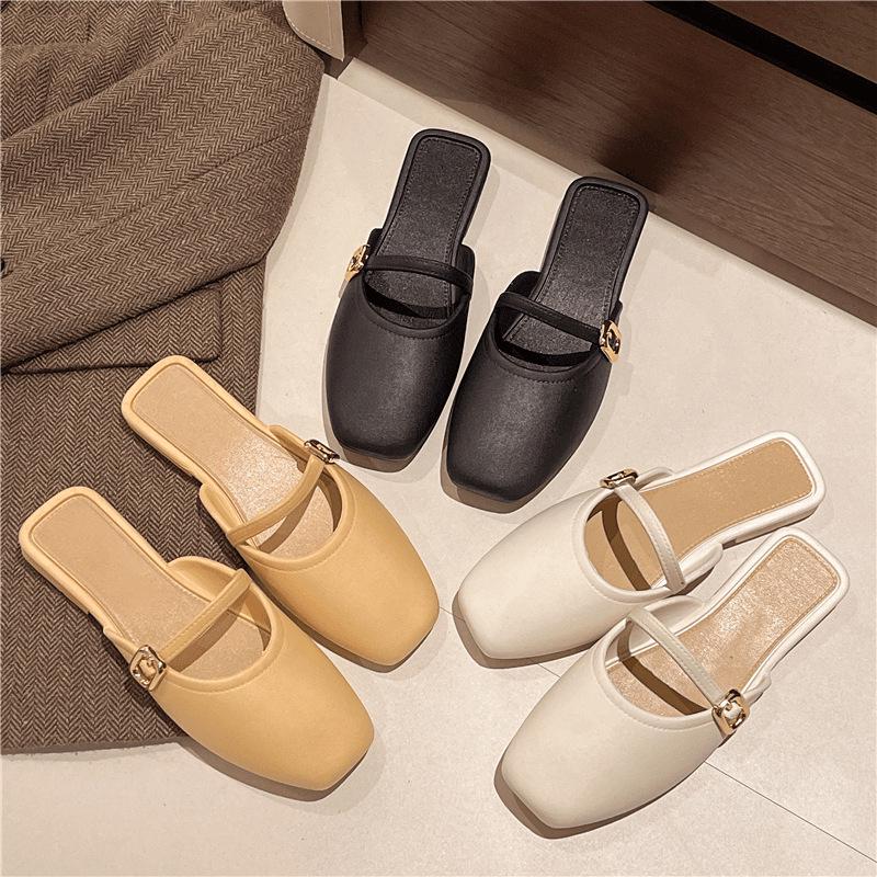 Женские нескользящие дышащие шлепанцы баотоу в корейском стиле - на плоской подошве и легко надеваются, для ношения в офисе и на улице