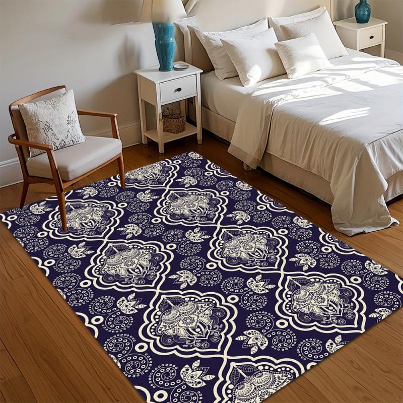 Boho Home Decor Area Rug Ethnic Floral Medallion Print Non Slip Floor Carpet for Living Room Bedroom