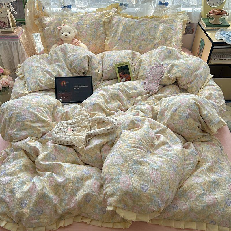 Class A Maternal Infant Grade Wrinkled Cloud Double-Layer Yarn Lace Quilt Cover, Bed Sheet 4-Pcs Set, Student Dormitory 3-Piece Set