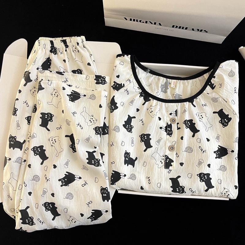 Женский набор пижамы с мультяшным принтом из облачного хлопка – с длинным рукавом, круглым вырезом, больших размеров, для ношения на улице