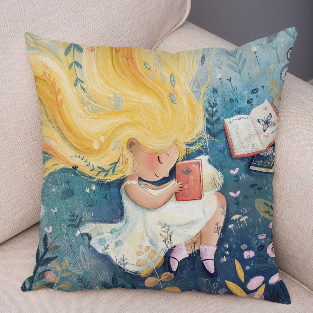 Super Soft Plush Pillow Case for Sofa Home Watercolor Cartoon Girl Cushion Cover Decor Fairy Tale World Lovely Child Pillowcase