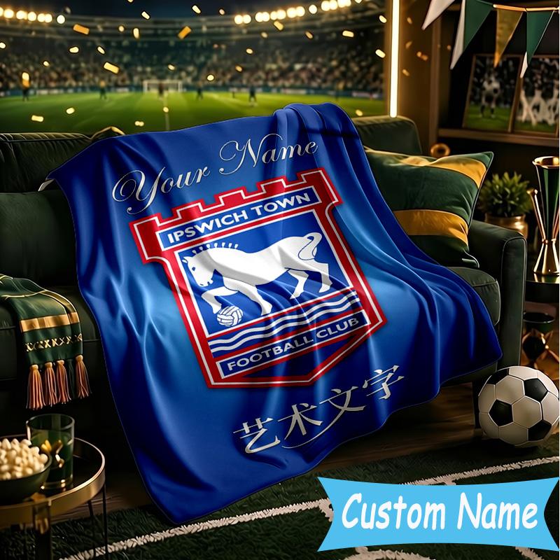 Custom Name Ipswich Town Football Club Crest Flannel Blanket, Use for Birthday/Holiday Gift, Soft Blanket for Sofa/Bed/Camping/Office, Home Decor