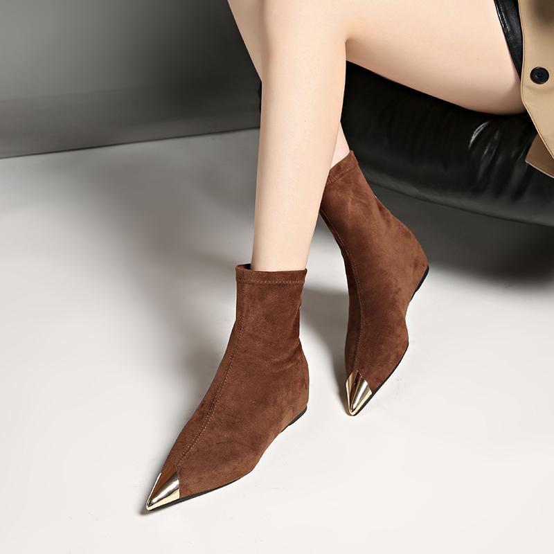 Collision-Resistant Metal Pointed Toe Fashion Booties Women's Autumn Suede Inside Heightening Skinny Boots