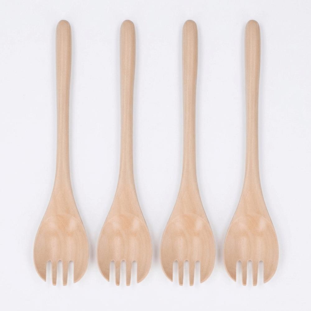 4Pcs Wood Wooden Dessert Fork Smooth Polished Fruit Fork Reusable Wooden Spork Restaurant Dining