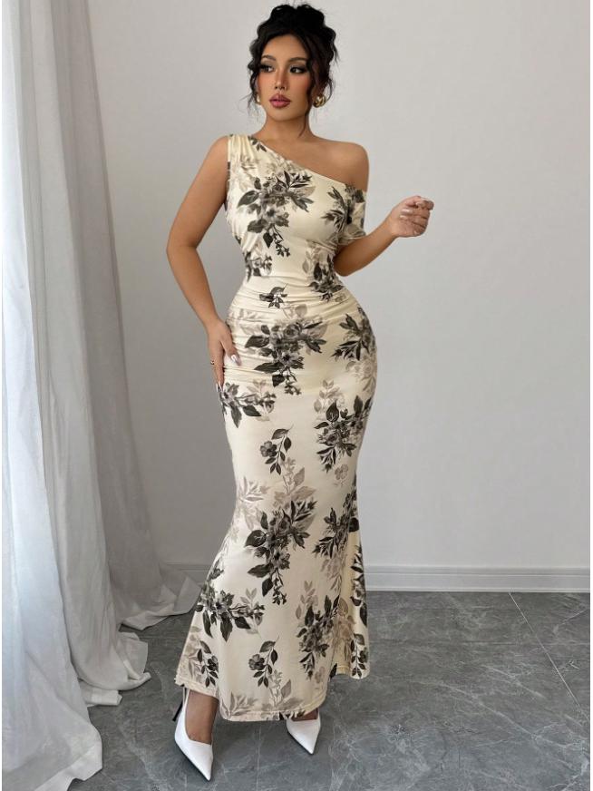 2025 New One-Shoulder High-Waisted Print Slimming Long Dress