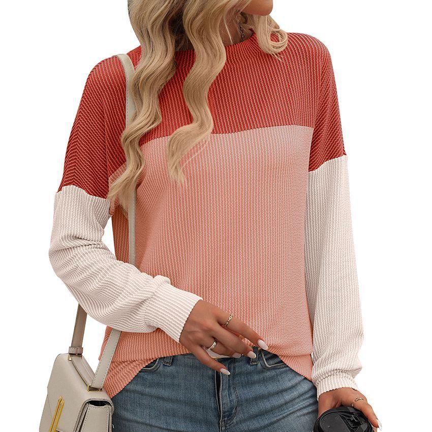 Autumn Winter New Round Neck Twisted Strip Color Matching Long Sleeve Loose T-shirt for Women
