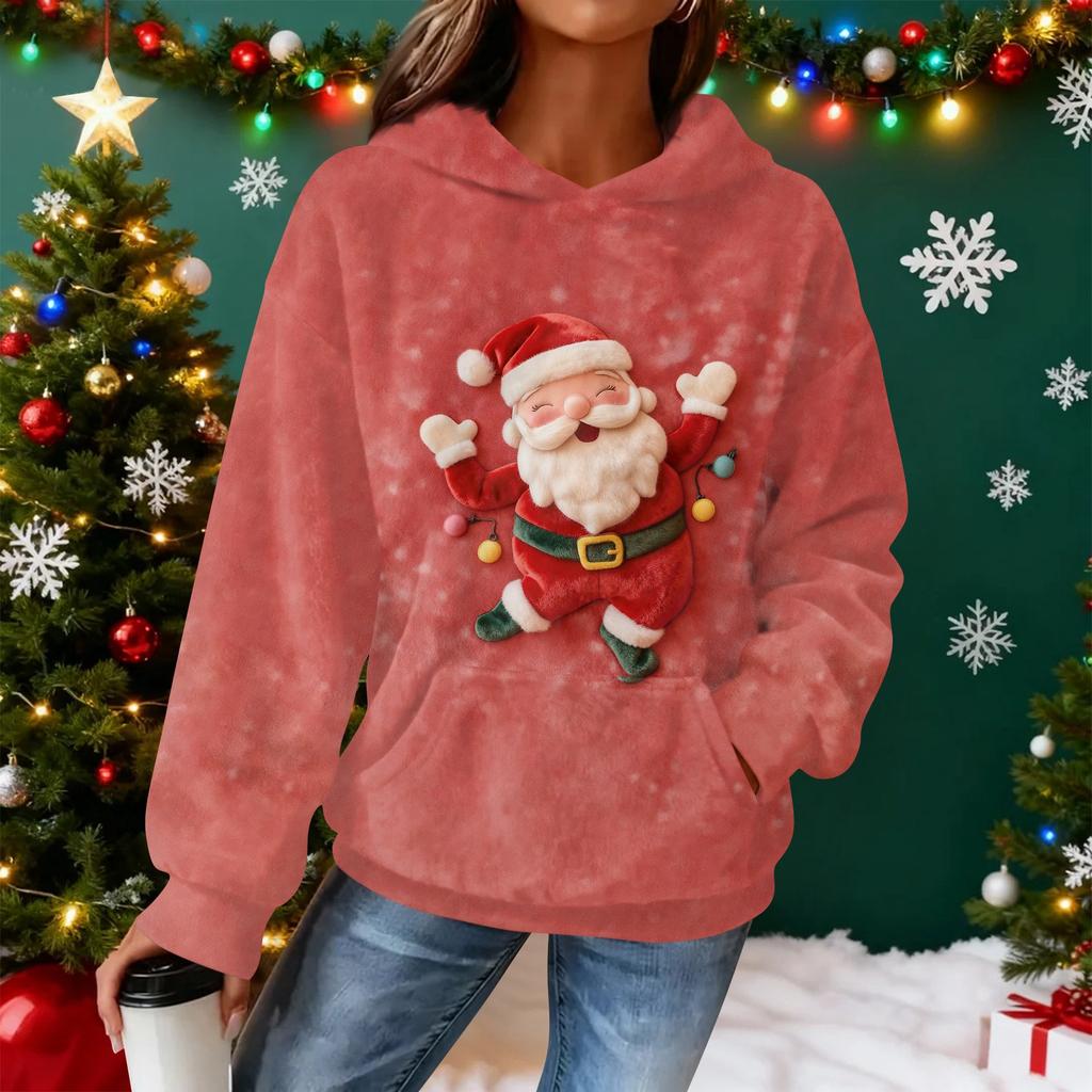 Women's Hooded Long Sleeve Christmas Printed Flannel Top Hooded Sweatshirt