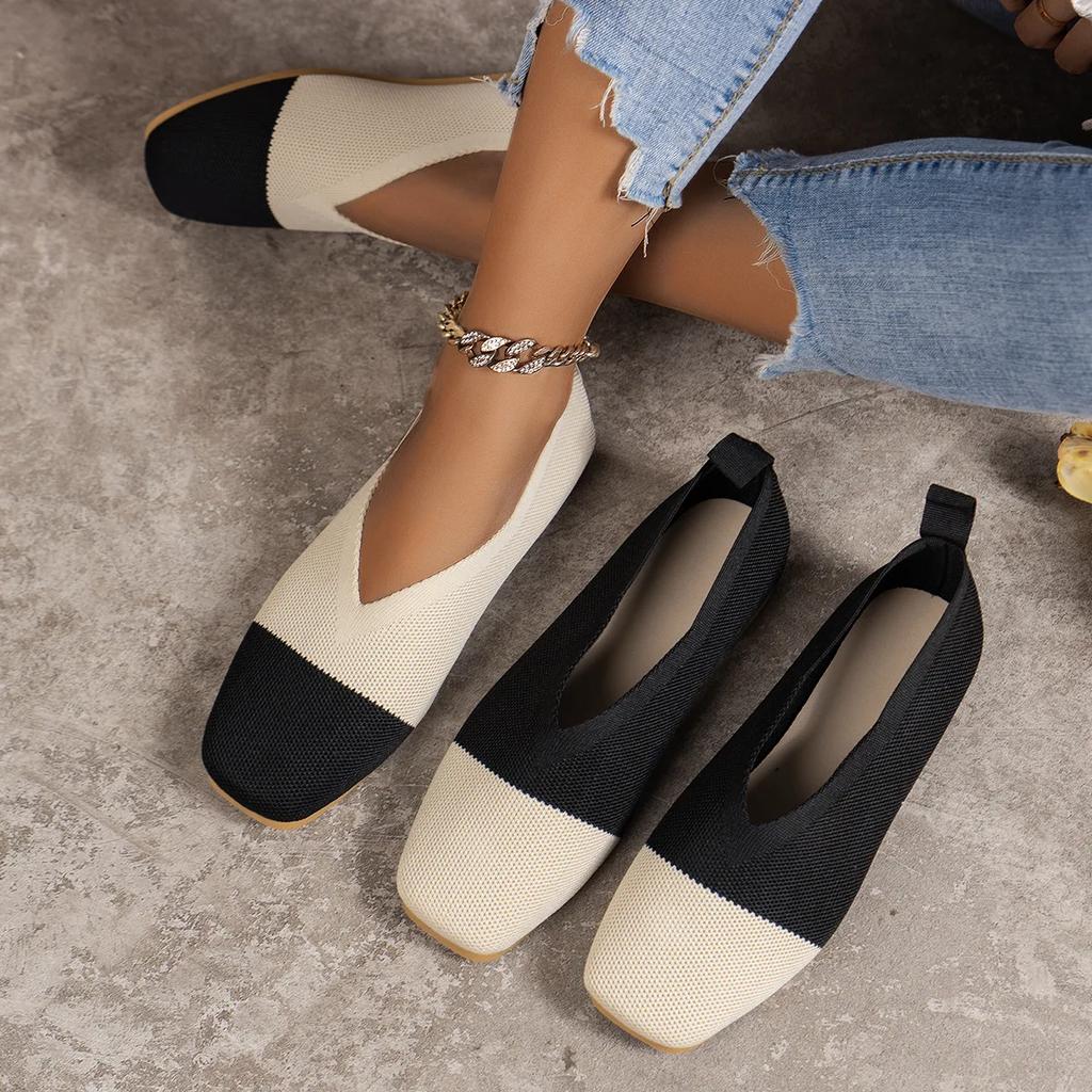 Women Flat Shoes New Patchwork Ballet Loafers Women Square Toe Spring Summer Casual Shoes Knits Flat Sneakers Zapatos De Mujer