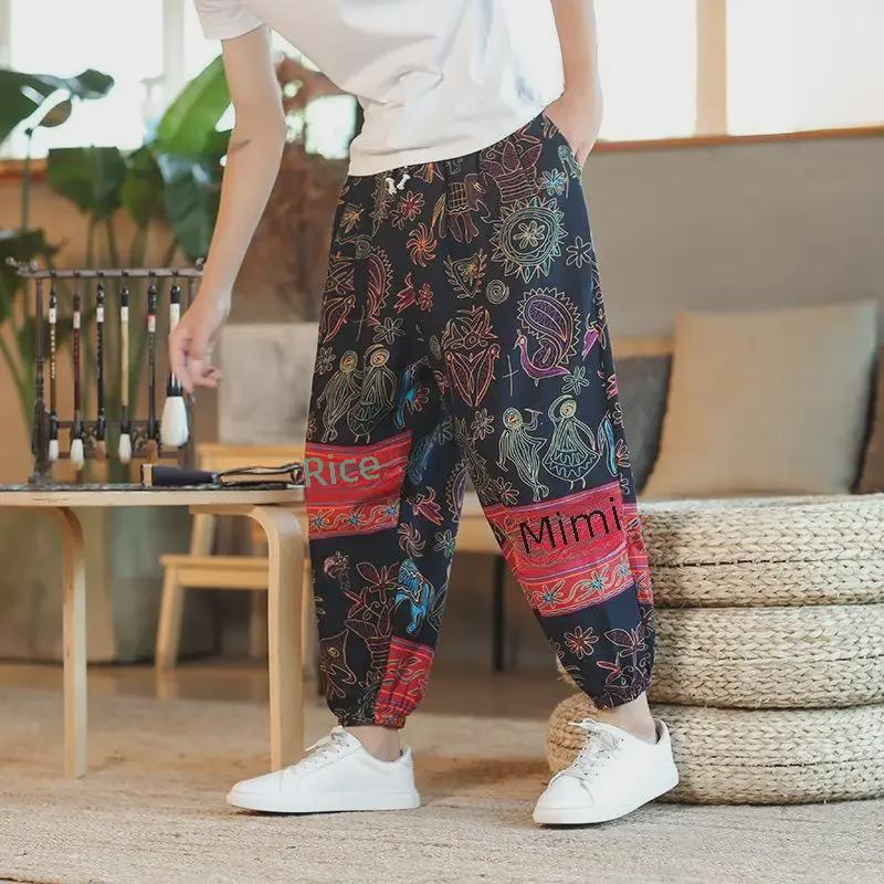 Мужские летние брюки из тайского льна с широкими штанинами и девятью точками Cashew Flower