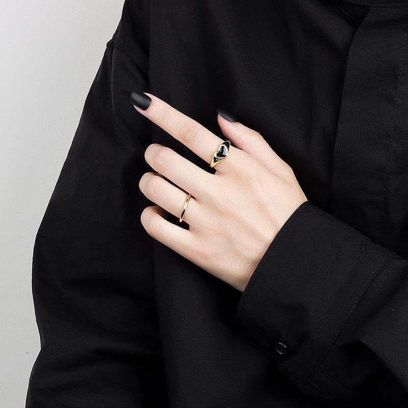 S925 Silver Black Heart Open Ring For Women Fashion Minimalist Cool Personality Index Finger Jewelry