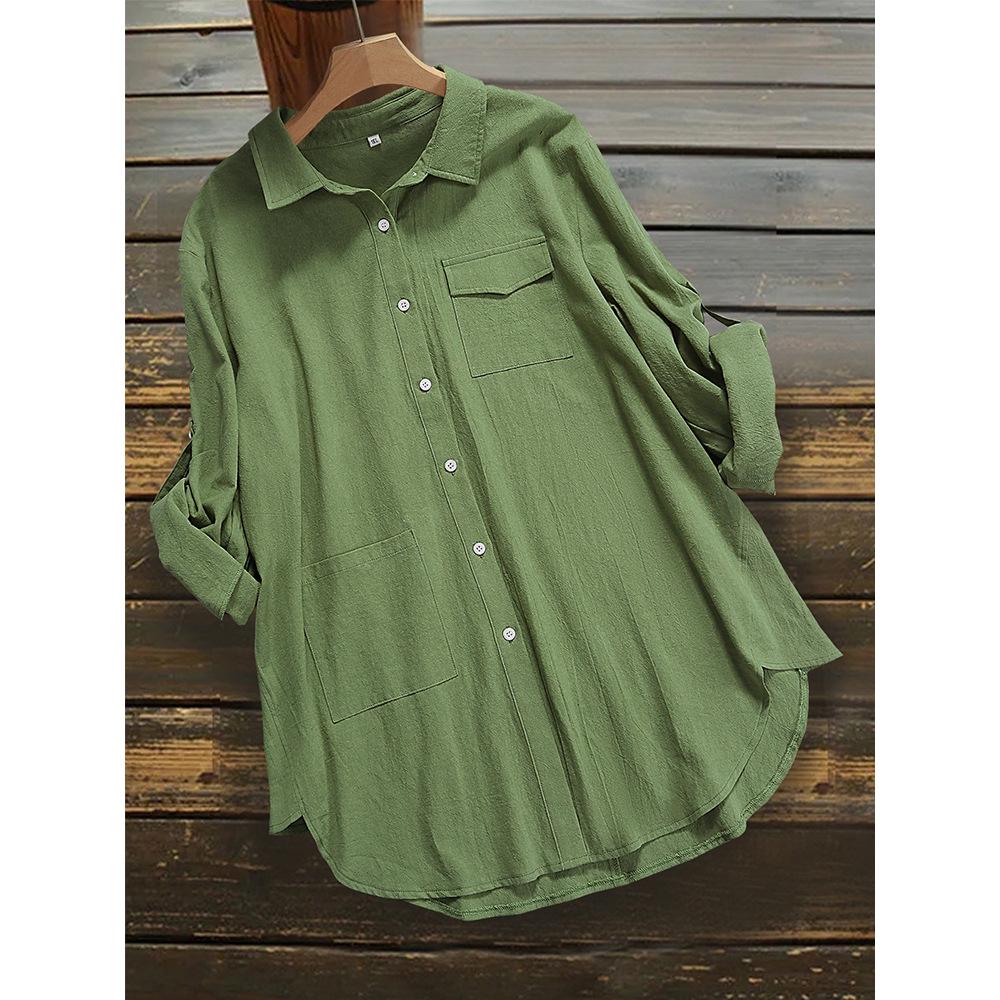 2025 Women's Solid Color Long Sleeve Button-Down Loose T-Shirt - European and American Style, Oversized Fit.