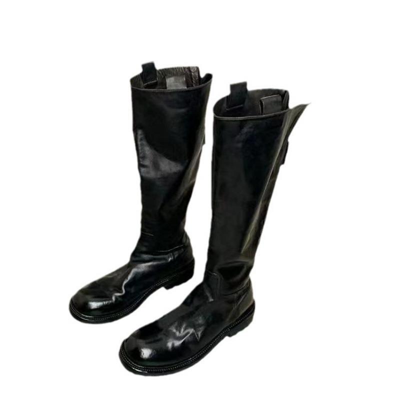 Cowhide Version ~ Retro Pleated Thick-soled Long Knight Boots Women's Slim Leather High Boots