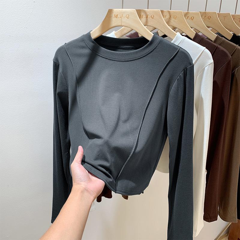 Футболка с длинными рукавами в европейском стиле с узором «рыбья кость» для женщин, осень и зима, новая облегающая рубашка с высокой внутренней талией и короткими рукавами
