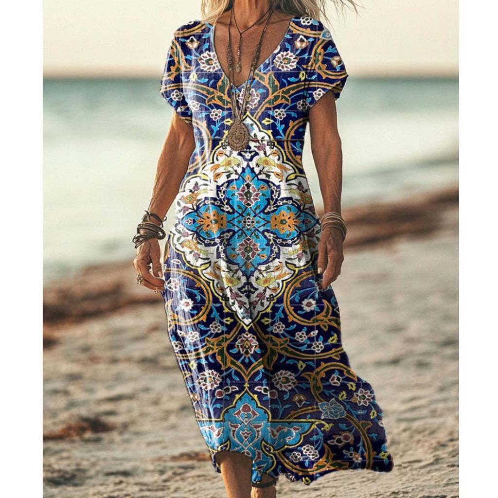 Bohemian Retro Print Raglan Sleeve Summer Maxi Dress